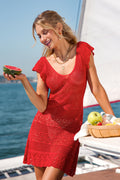 Rotes Kurzarm U-Ausschnitt Mini-Strick-Strandkleid