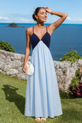 Marineblaues Farbblock Maxi-Abendkleid mit V-Ausschnitt