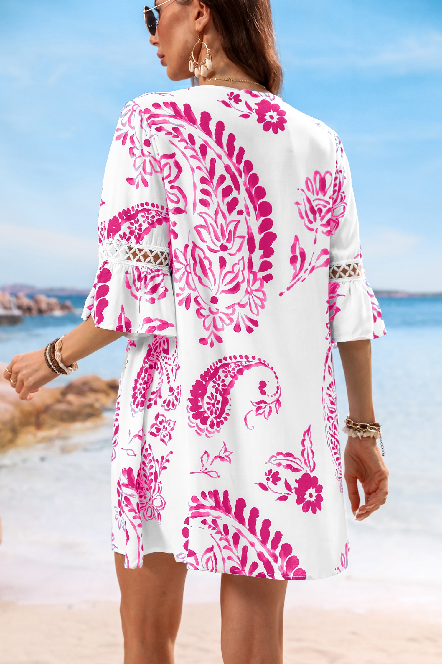 Paisley fließendes Mini-Strandkleid mit Halbärmeln