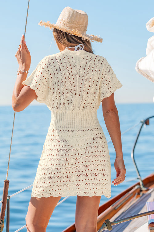 Beiges Tiefer Ausschnitt Kurzarm Mini-Strick-Strandkleid