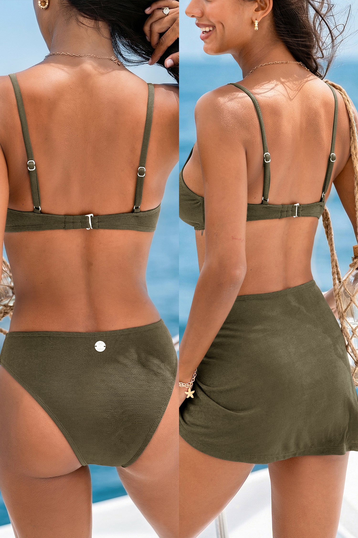 Grünes 3-teiliges Bikini-Set mit Strand-Sarong