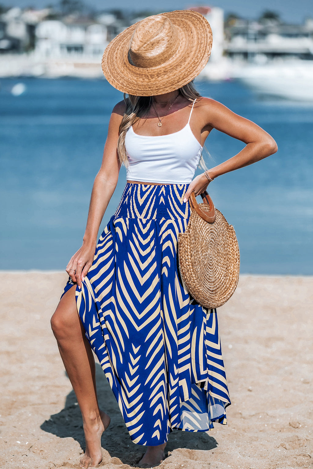 Blau Abstrakter Midirock mit gesmokter Taille