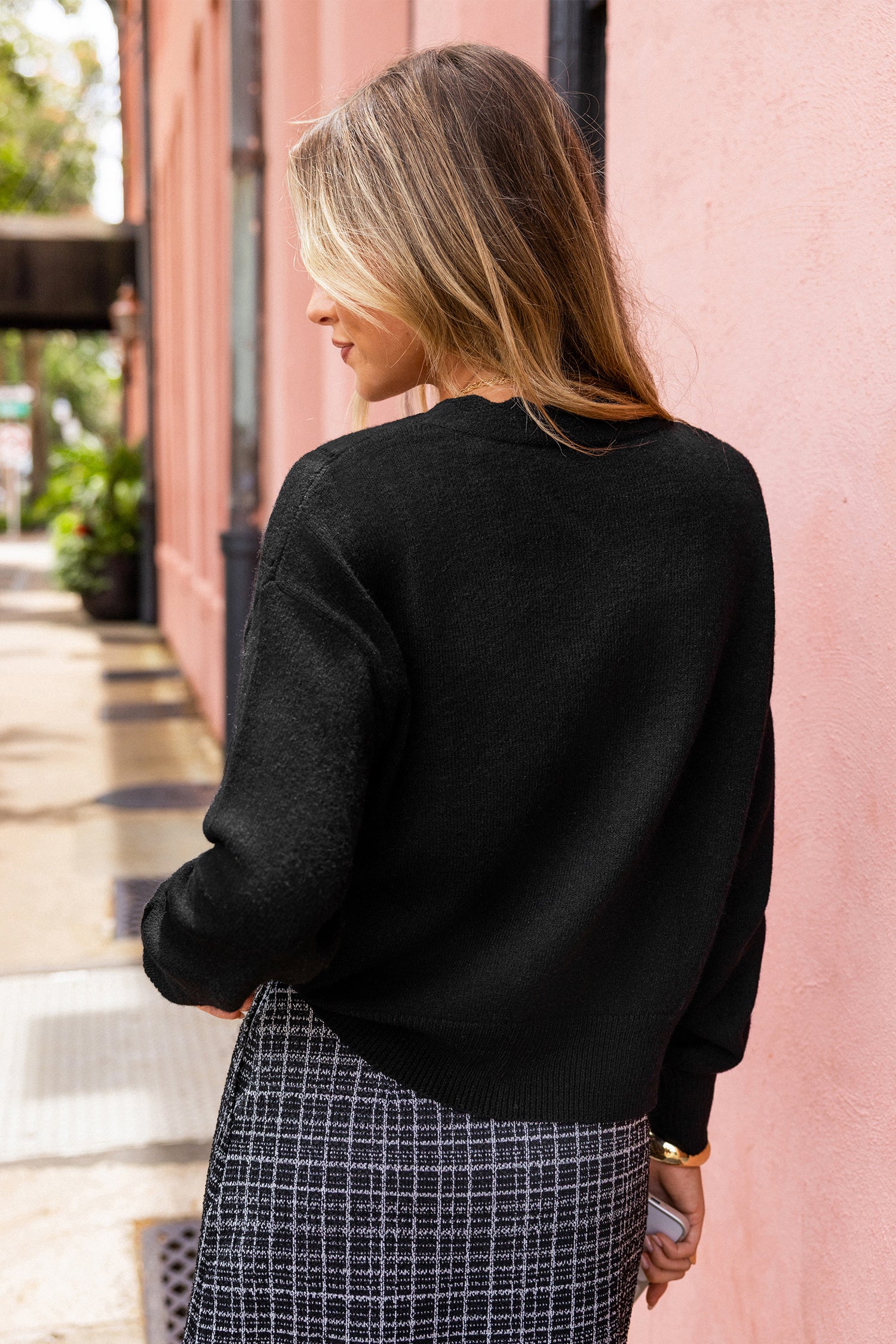 Schwarze Langarm Strickjacke mit V-Ausschnitt