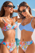 Blaues Mid-Waist Bügel-Bikini-Set mit Blumenmuster