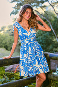 Blau Tropisches Minikleid mit V-Ausschnitt