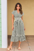 Schwarz Gestreiftes Gesmokter Bund Midi-Sommerkleid