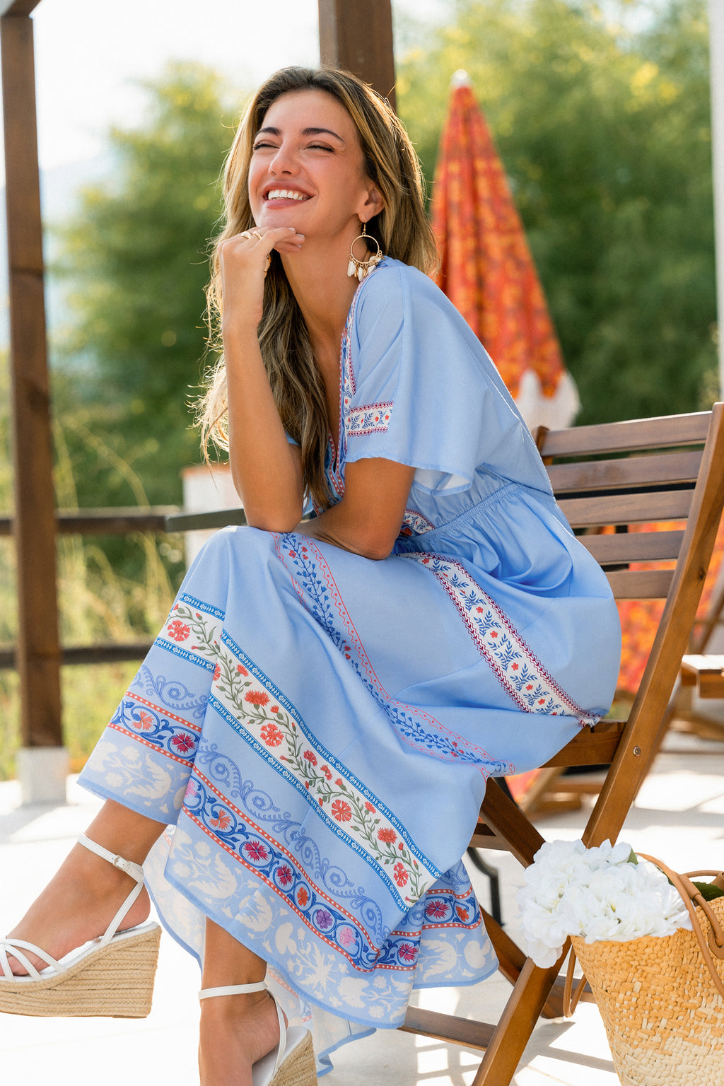 Blaues Boho Maxi-Strandkleid mit Kordelzug