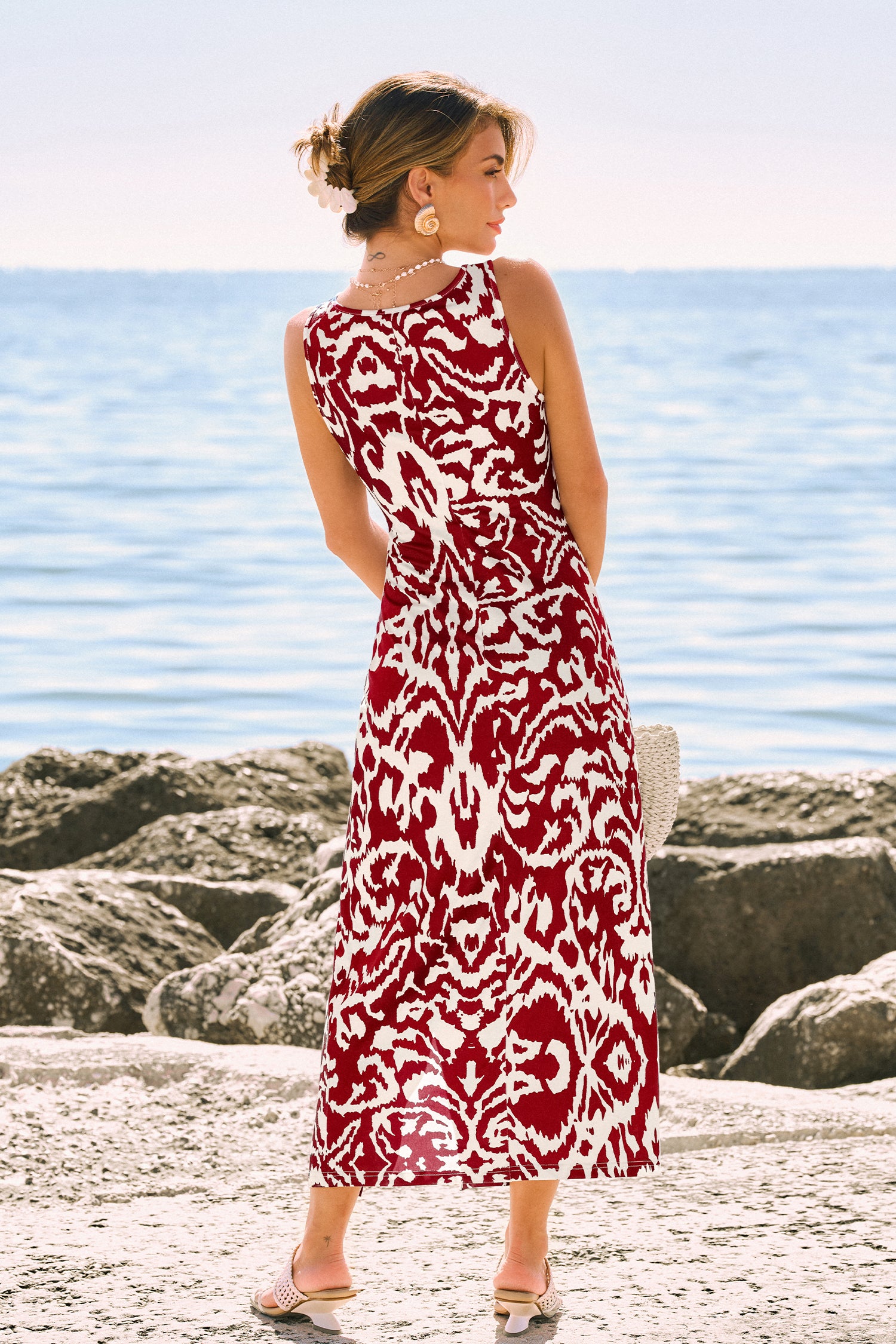 Rot Abstraktes Midi-Sommerkleid mit Seitenschlitz