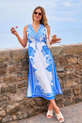 Blau-Weißes Boho Maxi-Strandkleid in Wickeloptik