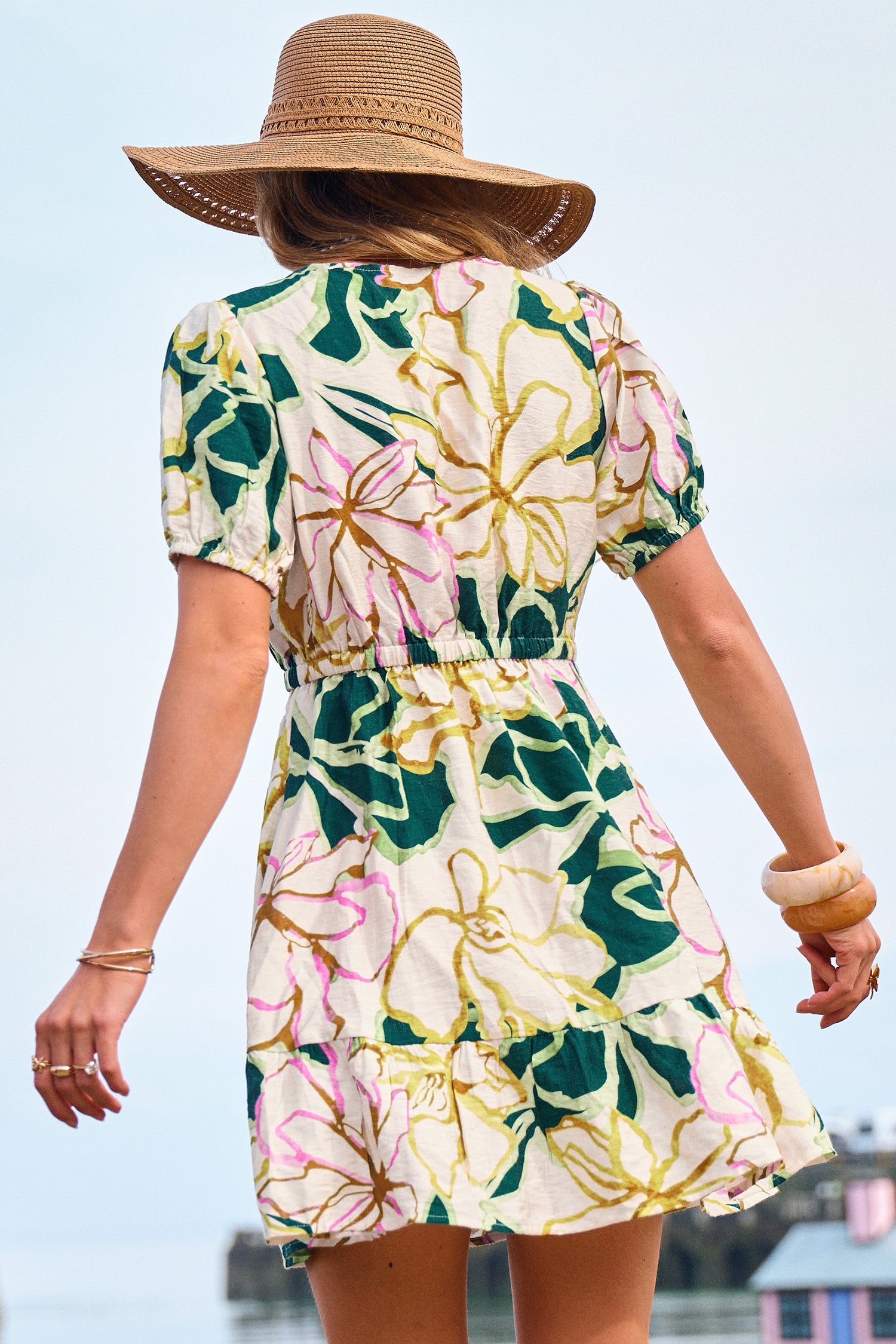Grün Geblümtes Mini-Strandkleid