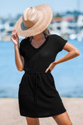 Schwarzes V-Ausschnitt Kurzarm Minikleid mit Taillenband