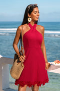 Rotes Hoher Ausschnitt Mini-Sommerkleid