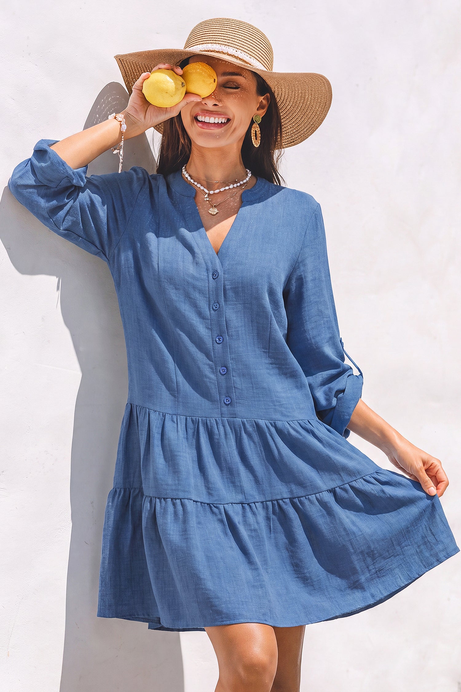 Blaues Halbarm Minikleid