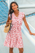 Rot Geblümtes Ärmelloses Mini-Strandkleid mit Taillenband