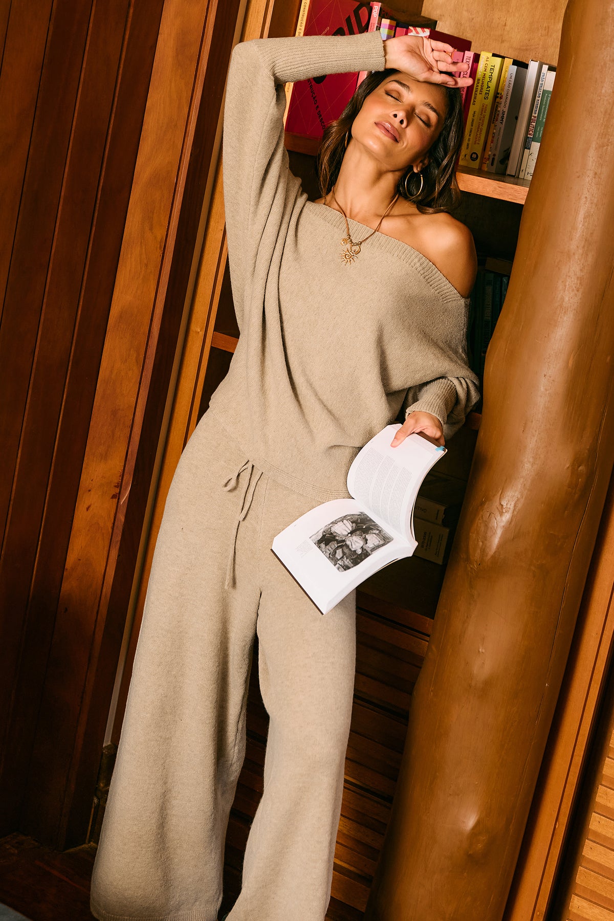 Khaki gerade Strickhose mit Kordelzug
