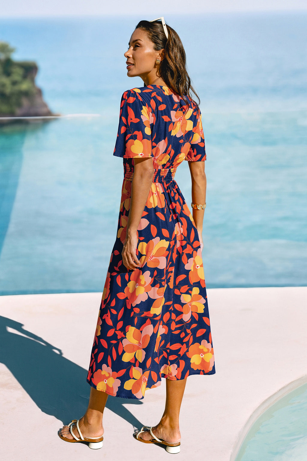 Orange Kurzarm V-Ausschnitt Maxi-Urlaubs-Sommerkleid