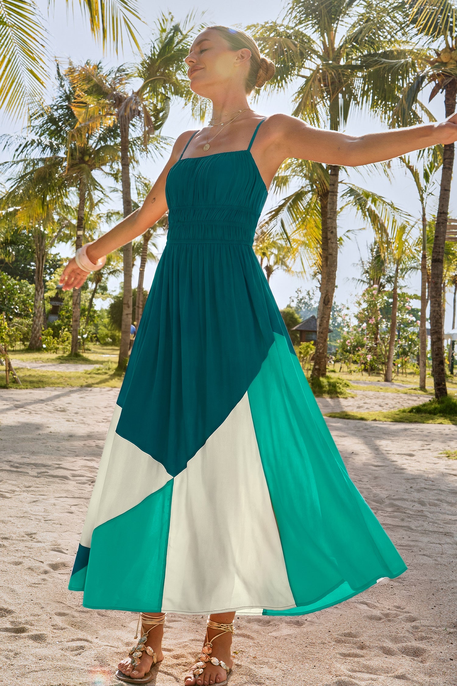 Blaues Farbblock Eckiger Ausschnitt Maxi-Strandkleid
