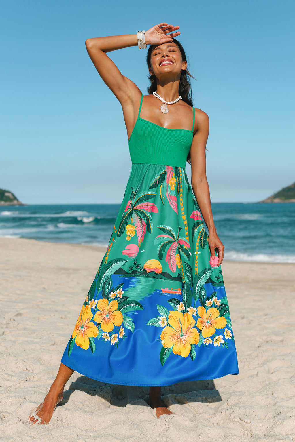 Grün Tropisches Maxi-Strandkleid
