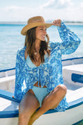 Blau Strand-Kimono mit tiefem Ausschnitt im Ethno-Stil