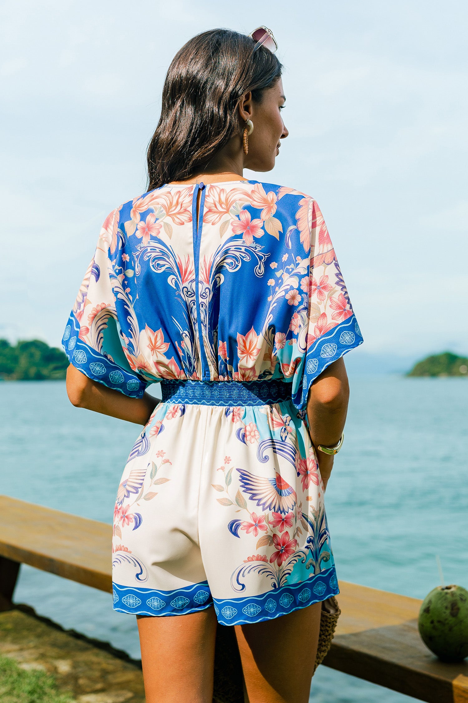 Blauer Boho Romper mit V-Ausschnitt
