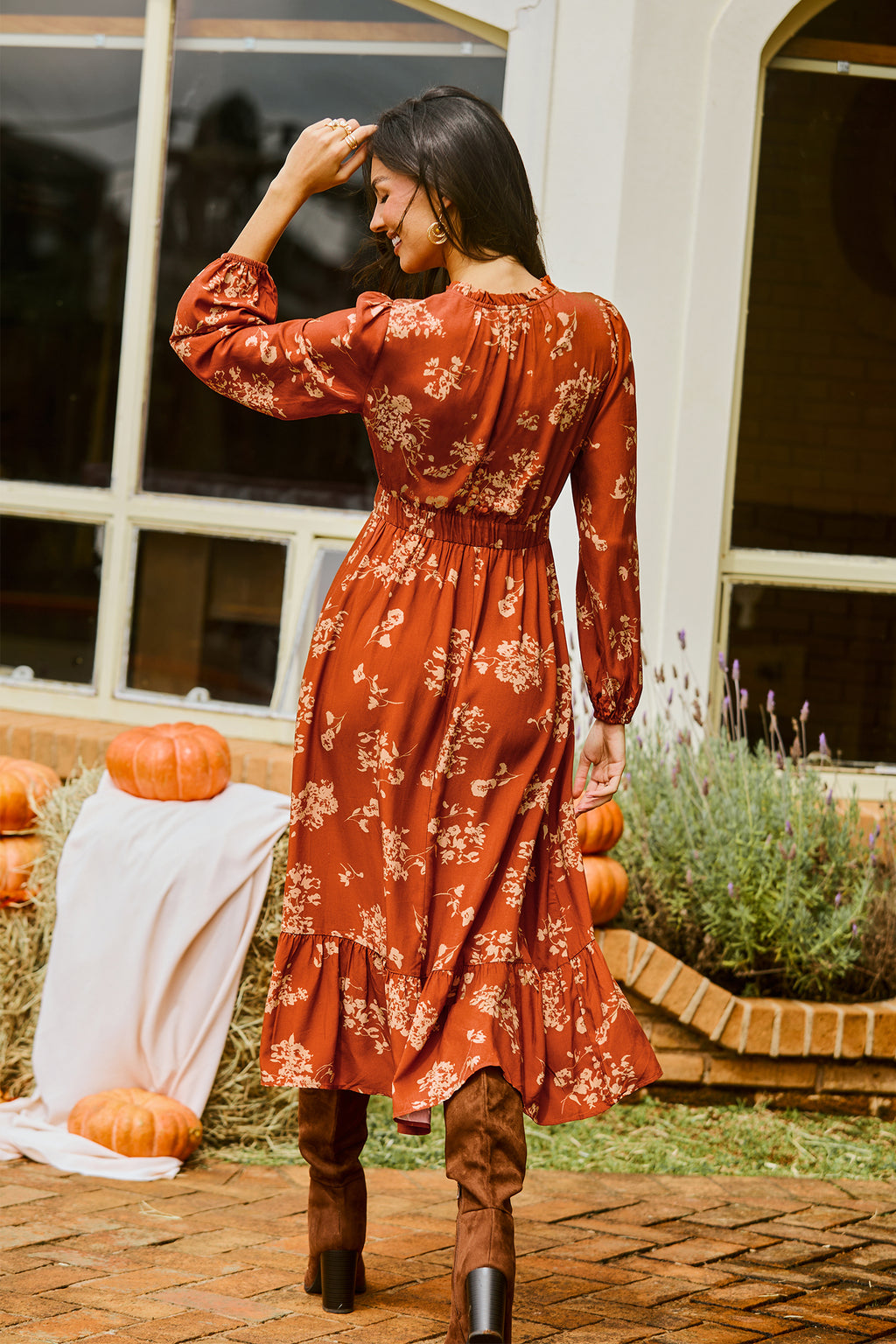 Rot Geblümtes Langarm Maxikleid