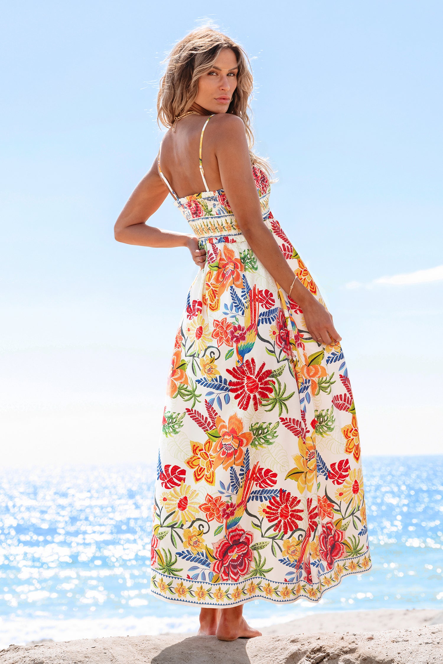 Rotes Geblümtes Ärmelloses Eckiger Ausschnitt Maxi-Strandkleid