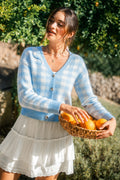 Blau Karierte Strickjacke mit V-Ausschnitt