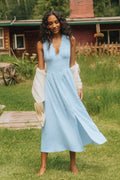 Blaues Maxi-Abendkleid mit tiefem Ausschnitt