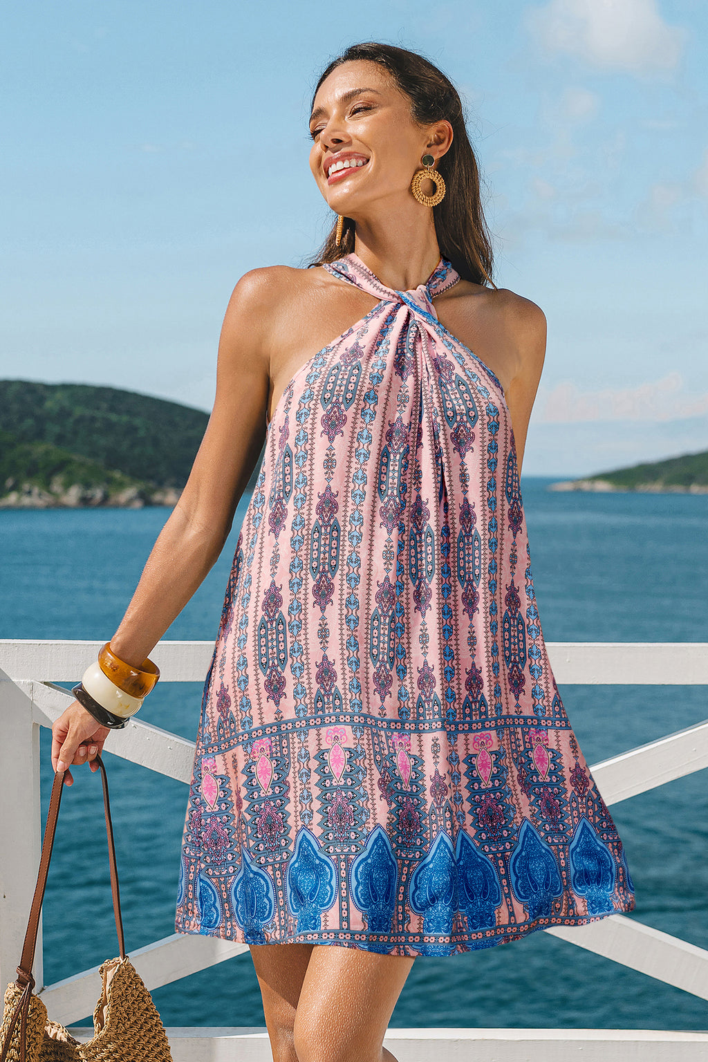 Rosa Hoher Ausschnitt Mini-Strandkleid