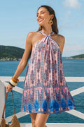 Rosa Hoher Ausschnitt Mini-Strandkleid