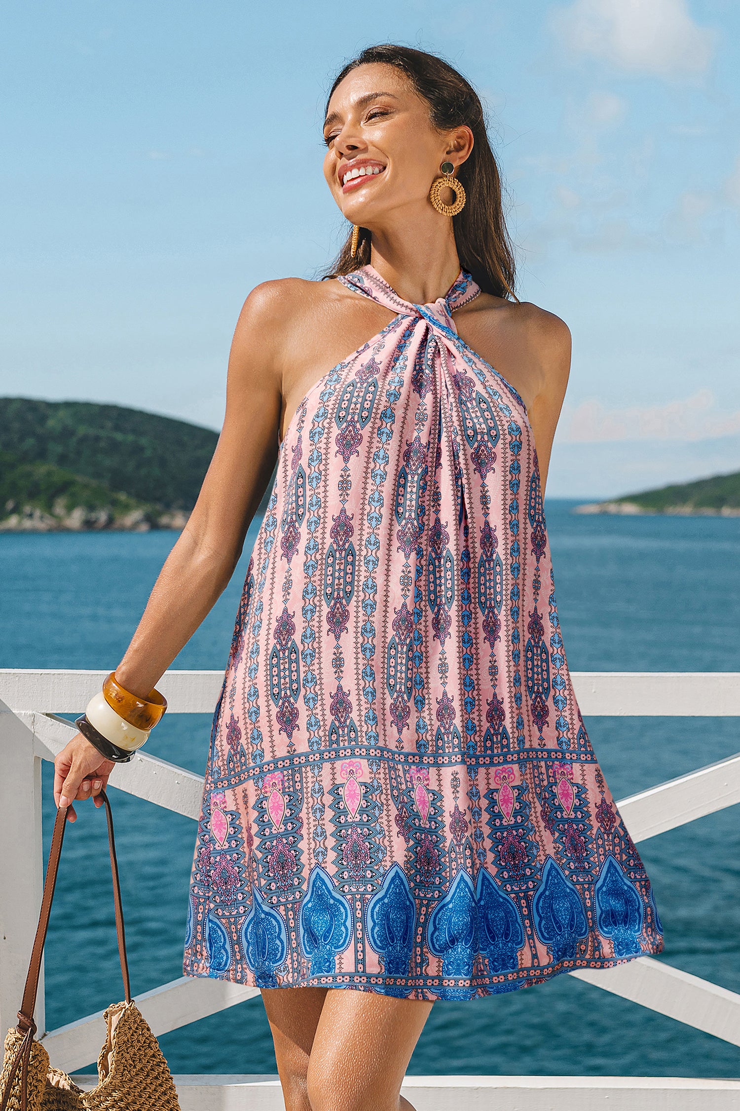 Rosa Hoher Ausschnitt Mini-Strandkleid