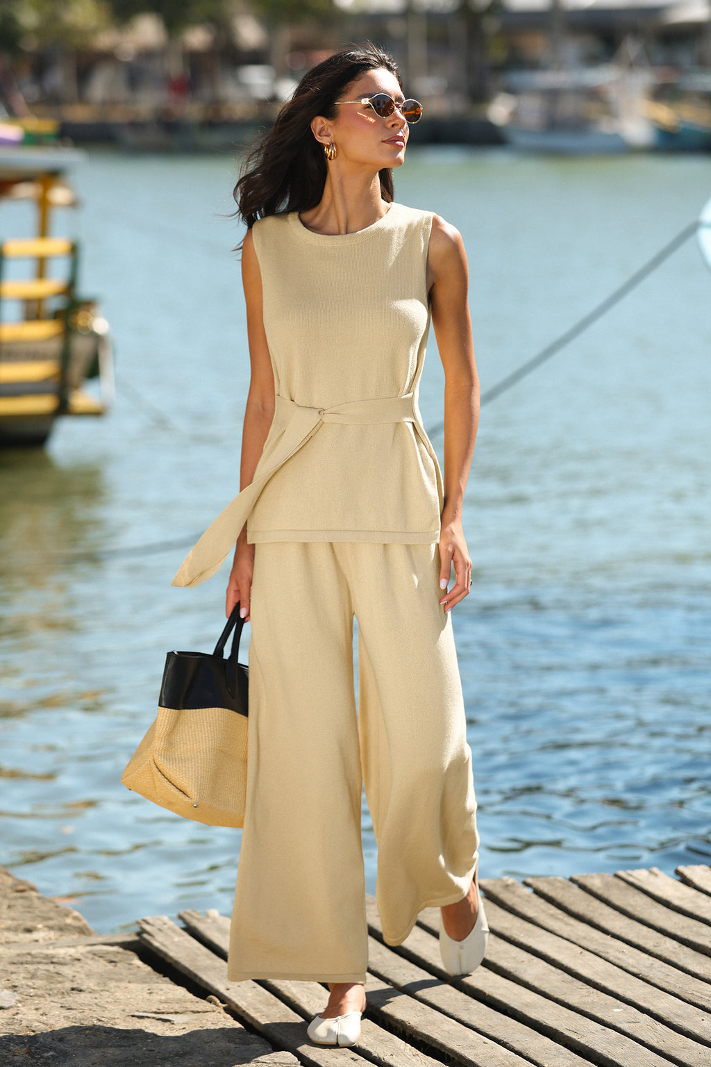 Beige Strickhose mit geradem Bein