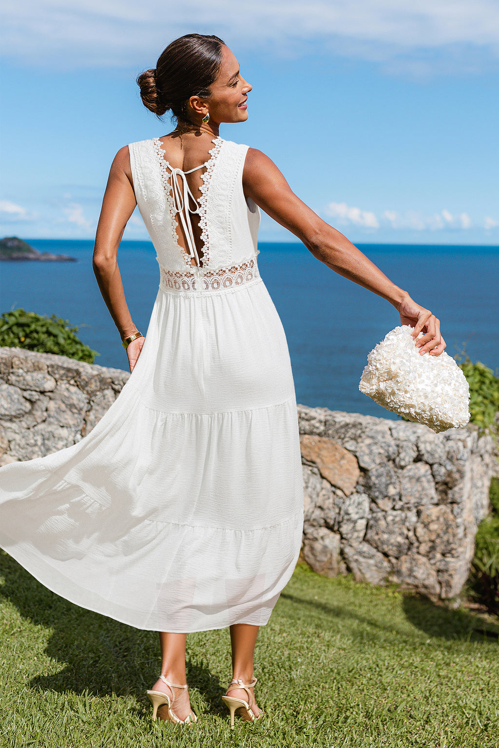 Weißes Elegantes Ärmelloses Maxikleid mit Spitzenbesatz