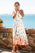 Weiß Geblümtes Midi-Urlaubs-Sommerkleid mit hohem Ausschnitt