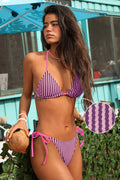 Rosa Gestreiftes Low-Waist Neckholder-Bikini-Set