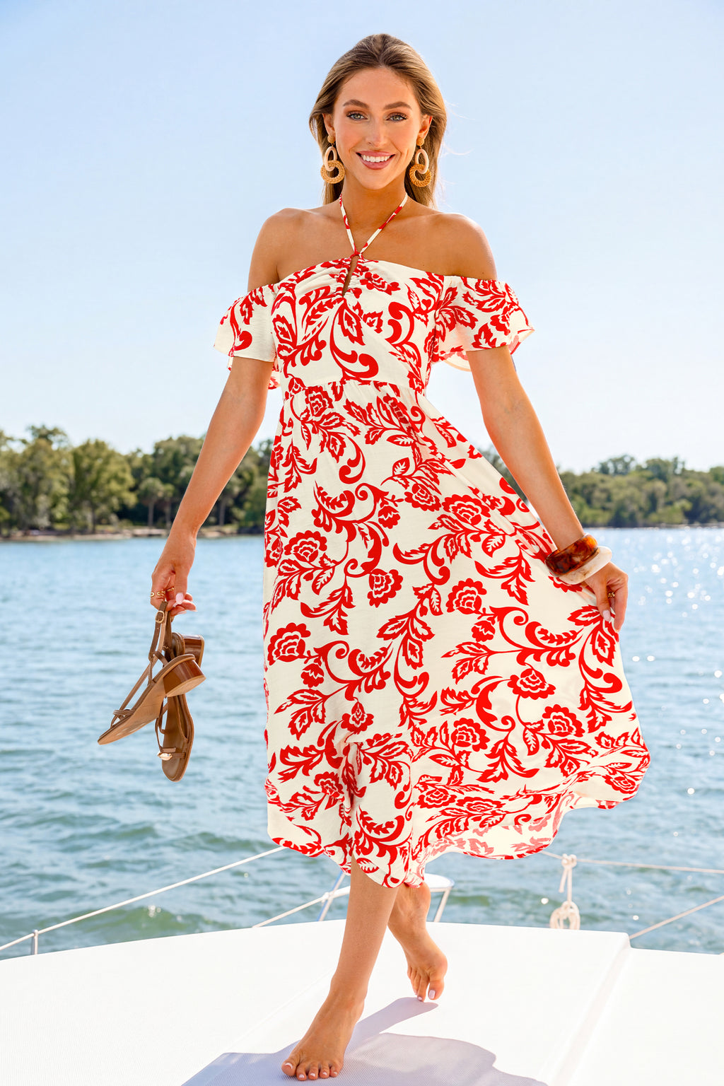 Rot geblümtes Off-Shoulder Maxi-Strandkleid