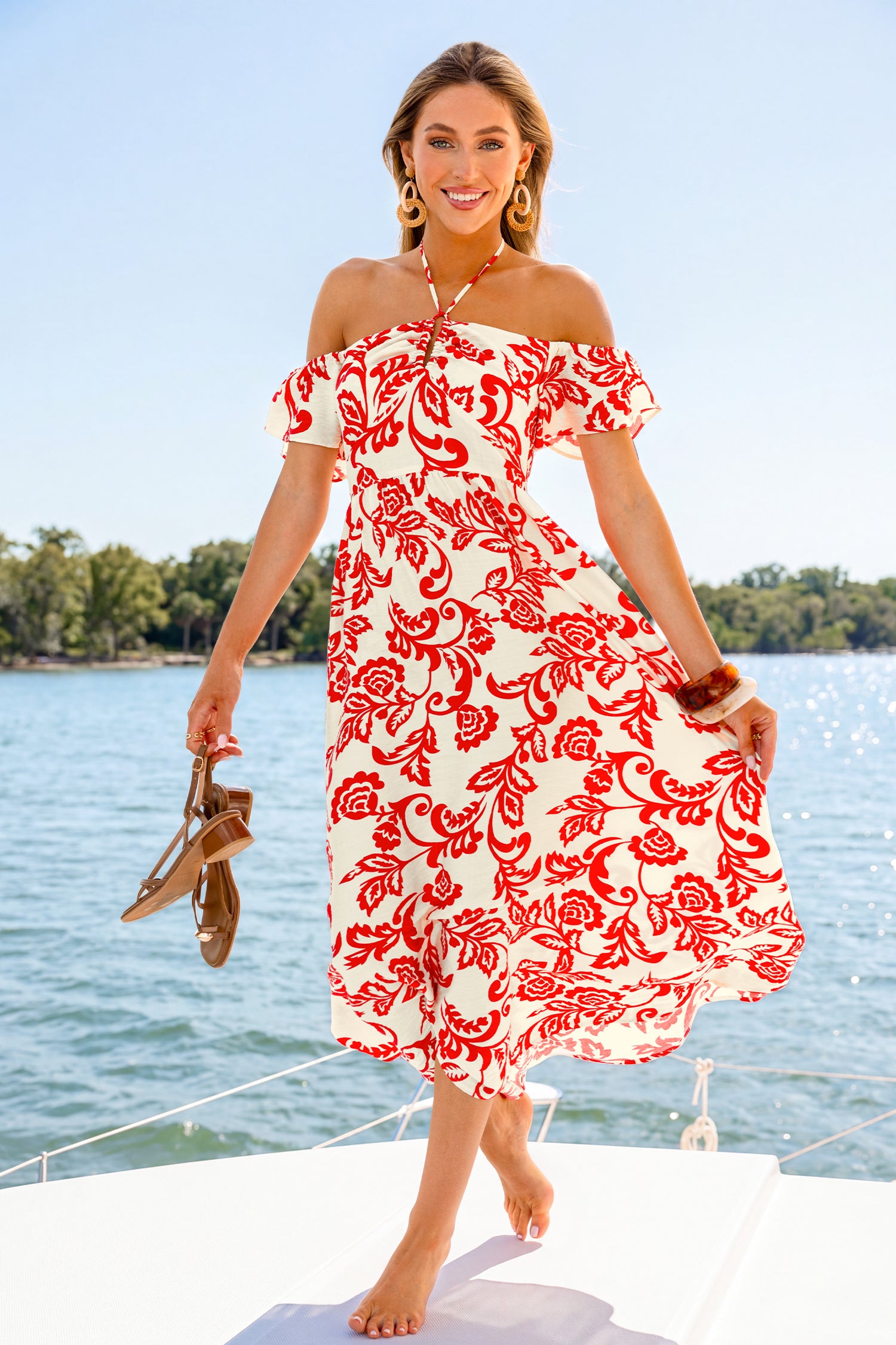 Rot geblümtes Off-Shoulder Maxi-Strandkleid