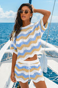 Blau Gestreiftes Strick-Strand-Top mit Bogensaum