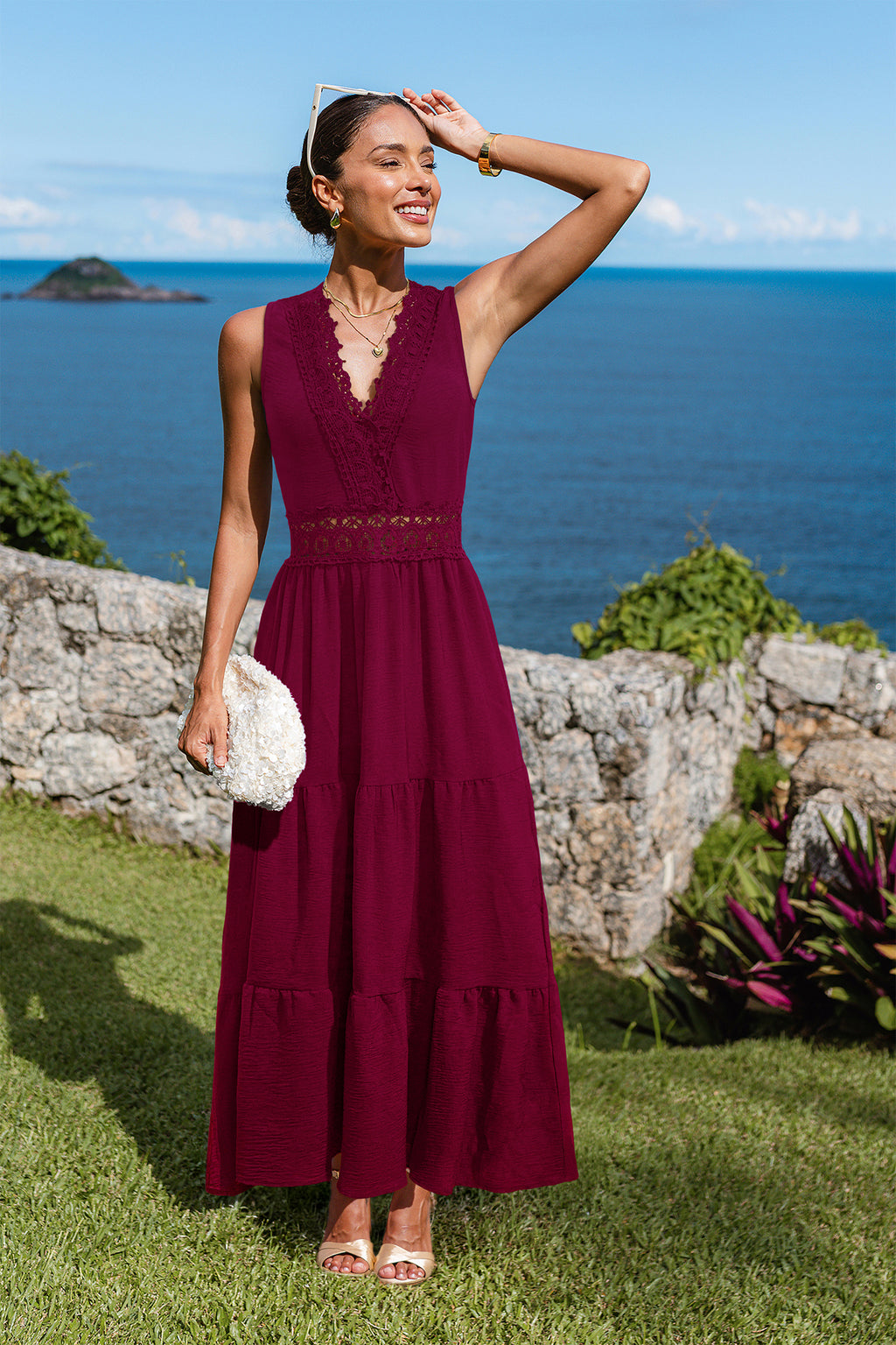 Bordeauxrotes Elegantes Ärmelloses Maxikleid