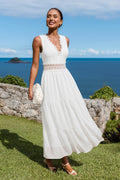 Weißes Elegantes Ärmelloses Maxikleid mit Spitzenbesatz