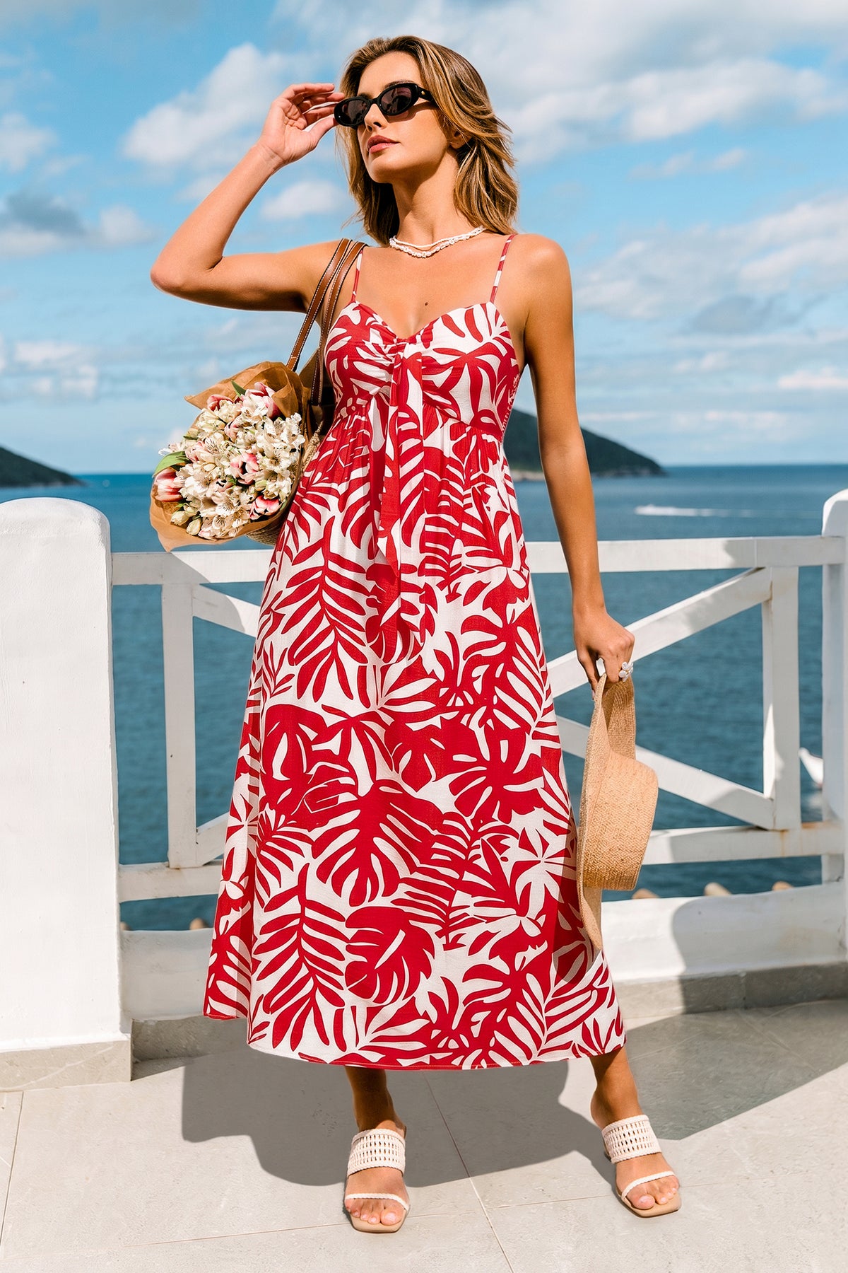Rot Tropisches Maxi-Strandkleid mit Sweetheart-Ausschnitt