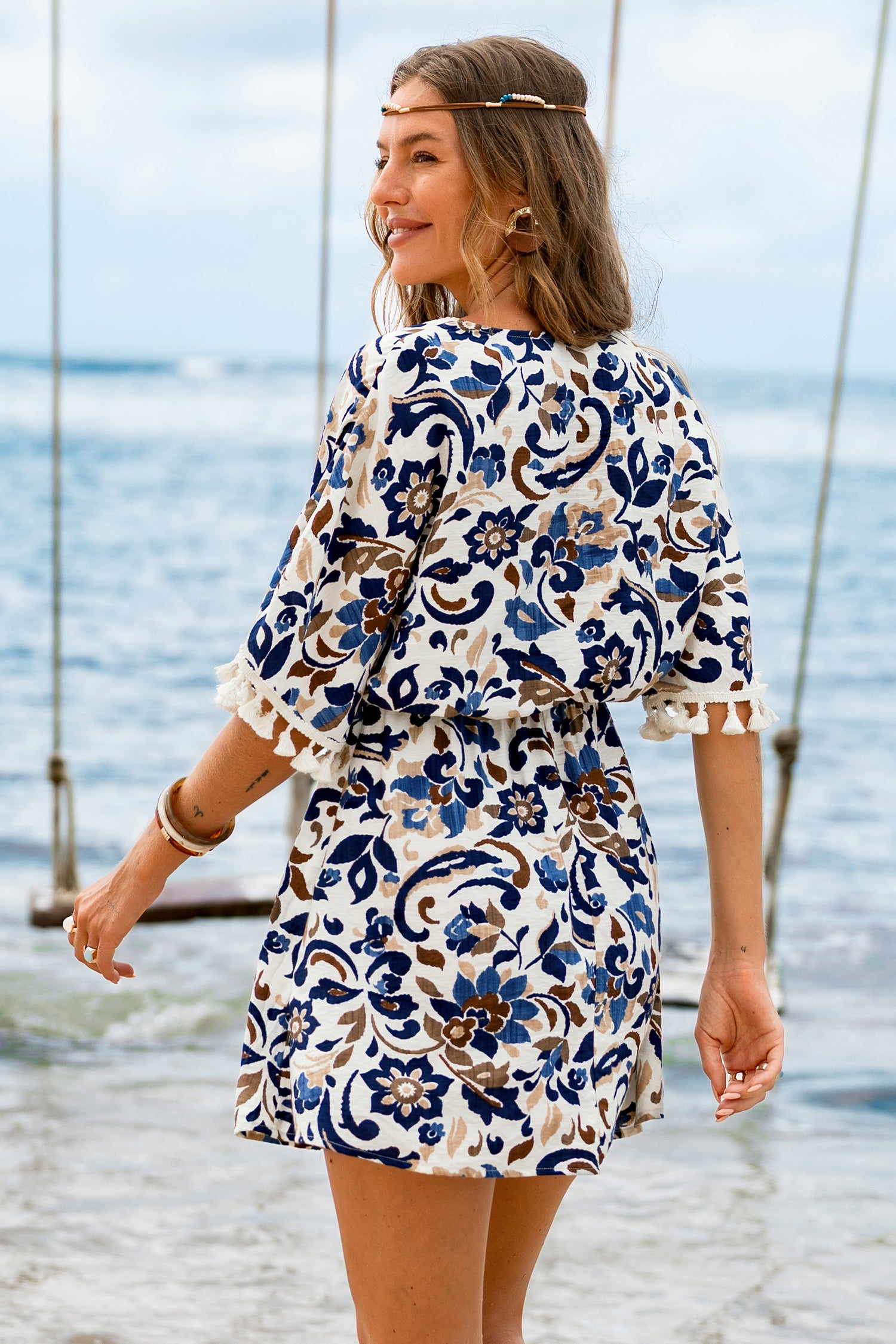 Blau-Weißes V-Ausschnitt Mini-Strandkleid mit Dolmanärmeln