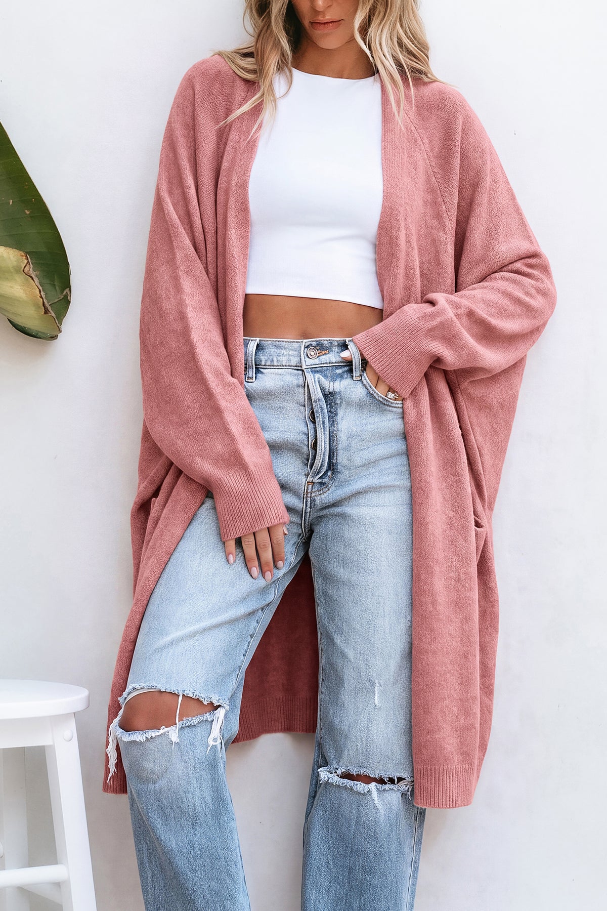 Rosa Strickjacke mit offener Vorderseite