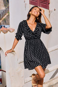 Polka-Dots Kurzarm V-Ausschnitt Minikleid