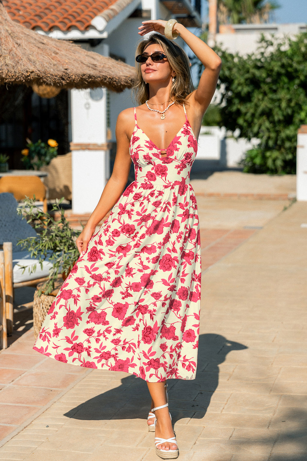 Geblümtes Tiefer Ausschnitt Maxi-Strandkleid mit Keyhole-Detail