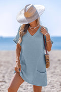 Blaues Kurzarm V-Ausschnitt Mini-Strandkleid