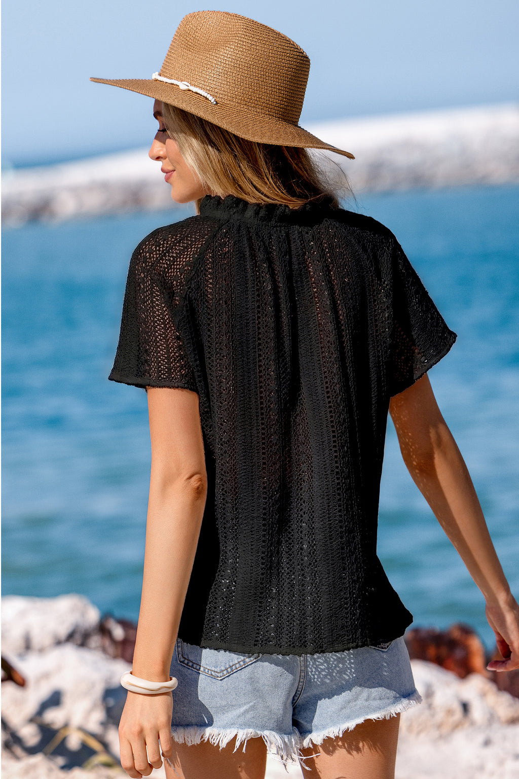 Schwarzes Kurzarm Strick-Sommer-Top