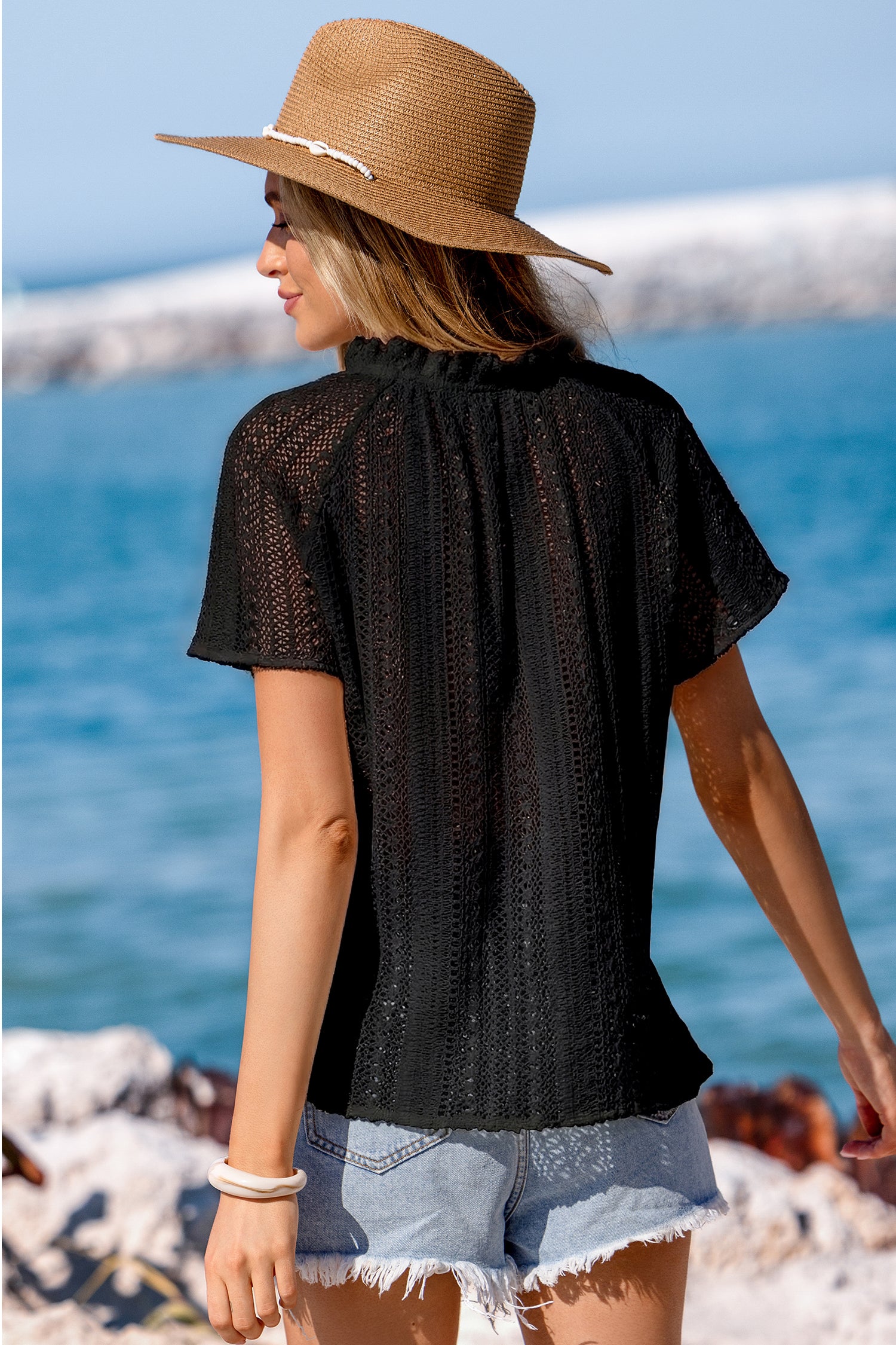 Schwarzes Kurzarm Strick-Sommer-Top