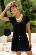 Schwarzes Kurzarm Mini-Strickkleid mit V-Ausschnitt