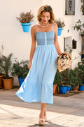 Blaues Ärmelloses Gesmoktes Maxi-Strandkleid